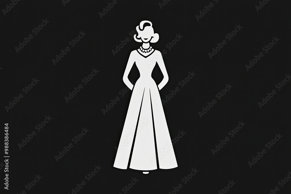 1950s Elegant Dress Icon for Women Isolated on Black Background 1950s Elegant Dress Icon for Women Isolated on Black Background