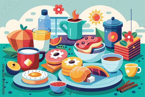 A delightful breakfast arrangement featuring various foods, including pancakes, fruit, pastries, and drinks, set on a bright, cheerful table.