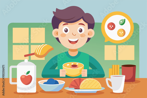 A cheerful child prepares to enjoy a customizable breakfast spread, featuring various delicious foods, in a cozy dining area.