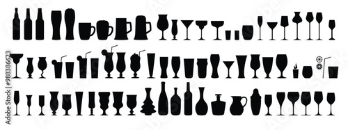 Silhouettes various alcohol cocktail glasses bar set. Black Isolated Glasses of wine, glasses of beer, bar bottles and shot glasses