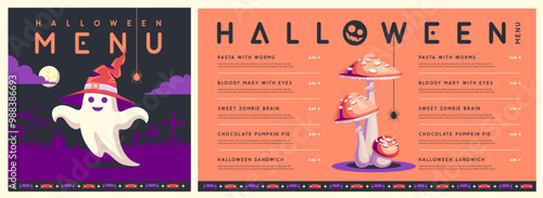 Halloween flat menu design with ghost in witch hat and fly agaric. Halloween spooky background. Vector illustration