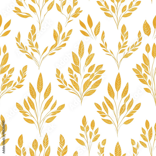 Golden leaves sheaf seamless pattern on white background for fabric, curtain, carpet, wallpaper, clothing, wrapping, vector illustration.