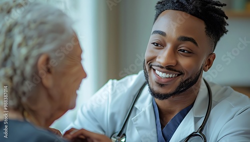 A doctor smiling while interacting with an elderly patient. photo