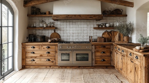 interior of kitchen in vintage rustic style with wooden furniture in cottage