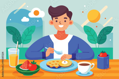 A person savoring a customized breakfast with fruits, coffee, and eggs while seated at a table in a bright, cheerful kitchen.