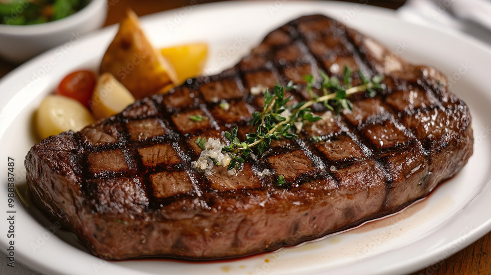 Florentine steak in white plate In the restaurant with smoke and tomato Florentine steak in white plate In the restaurant with smoke and tomato