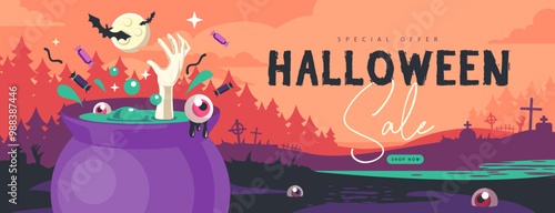 Halloween flat big sale poster with cauldron, full moon, zombie hand, magic potion and cemetery. Halloween spooky background. Vector illustration