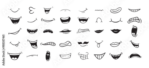 Cartoon mouth happy, smile, sad, angry expression doodle set. Hand drawn mouth, tongue caricature icon. Funny comic mouth collection 
