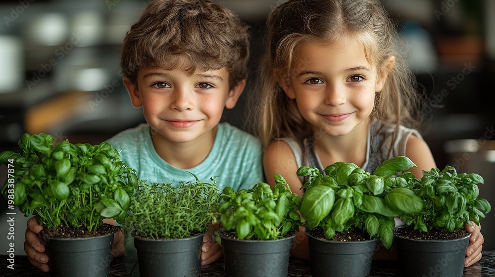 little boy, girl sitting on kitchen counter holding fresh herbs in pots little boy, girl sitting on kitchen counter holding fresh herbs in pots