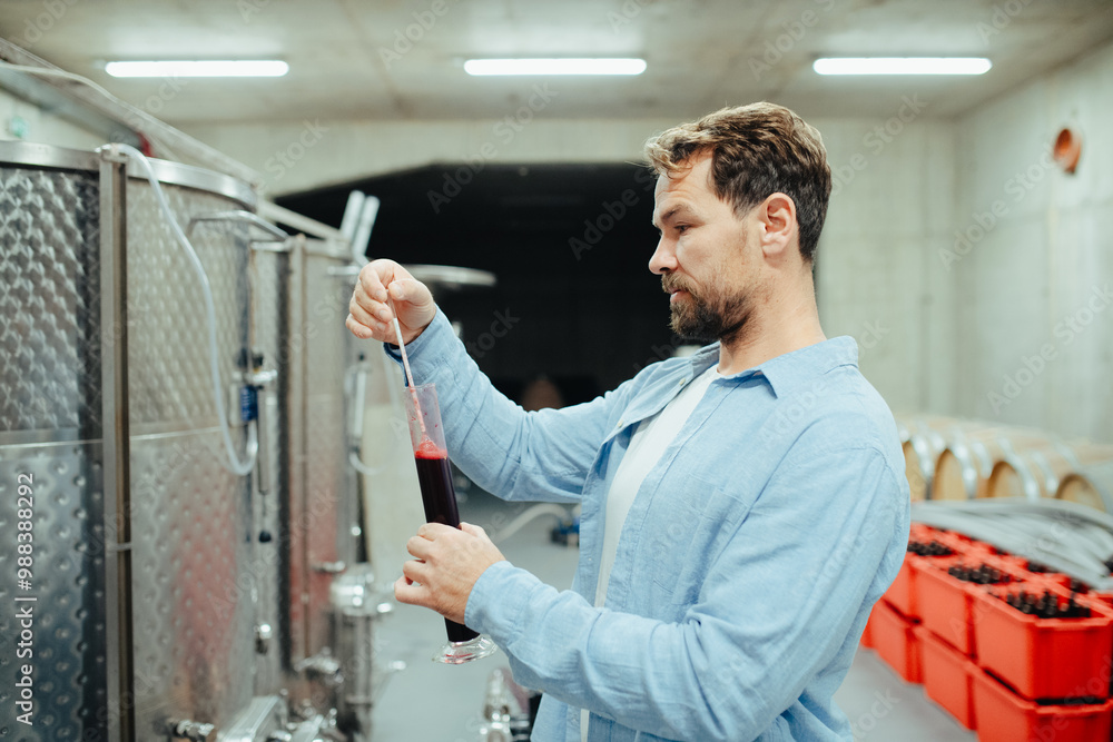 Fototapeta premium Winemaker standing in the wine cellar, controlling, testing wine sample.