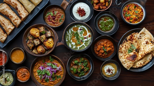 A delicious Indian meal with various curries, dips, and flatbreads on a dark wood background.