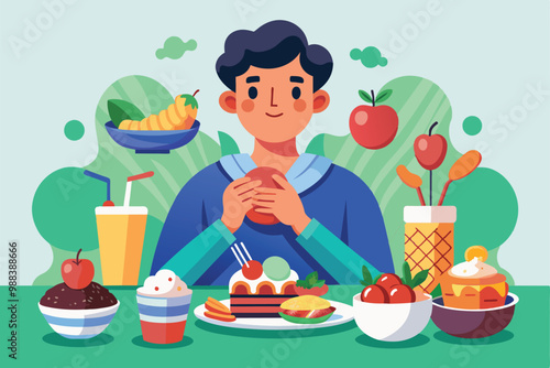 A person is happily holding a burger surrounded by various delicious foods and beverages in a cheerful setting.