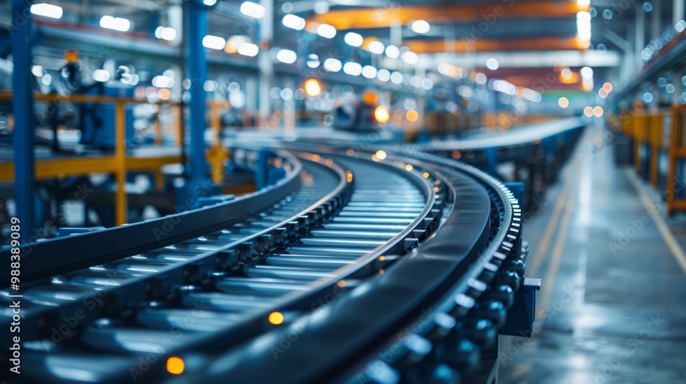 Conveyor belts and industrial machinery in a modern manufacturing plant, showcasing the integration of technology and process efficiency Conveyor belts and industrial machinery in a modern manufacturing plant, showcasing the integration of technology and process efficiency
