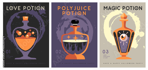 Set of Halloween flat posters with magic potions or drinks. Halloween spooky background. Vector illustration