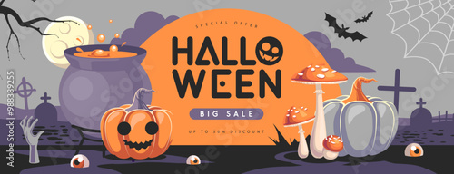 Halloween flat big sale poster with fly agaric, full moon, halloween pumpkin, magic potion and cemetery. Halloween spooky background. Vector illustration