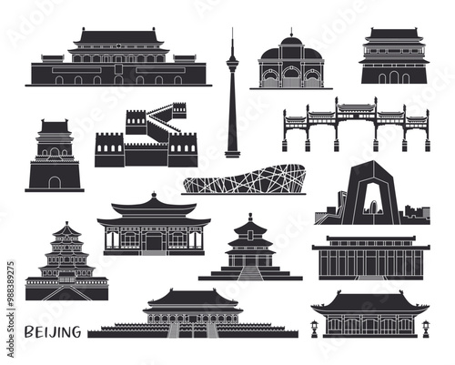 China Beijing Landmark Icons. Vector Illustration