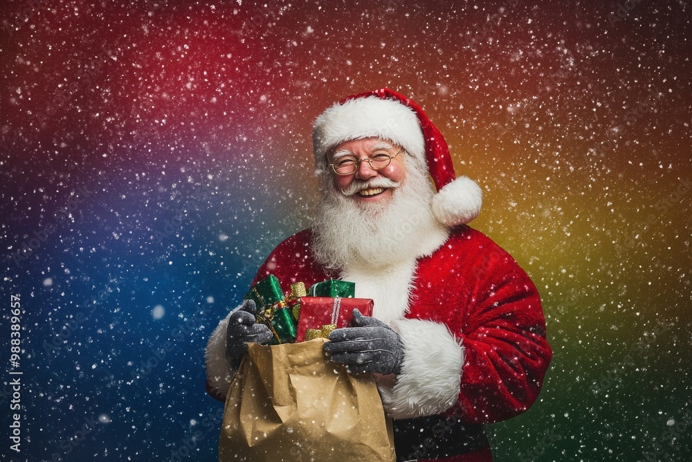 A Rainbow joyful Santa holds a bag of colorful presents in a vibrant, snowy scene, capturing the magic of Christmas for holiday marketing. A Rainbow joyful Santa holds a bag of colorful presents in a vibrant, snowy scene, capturing the magic of Christmas for holiday marketing.