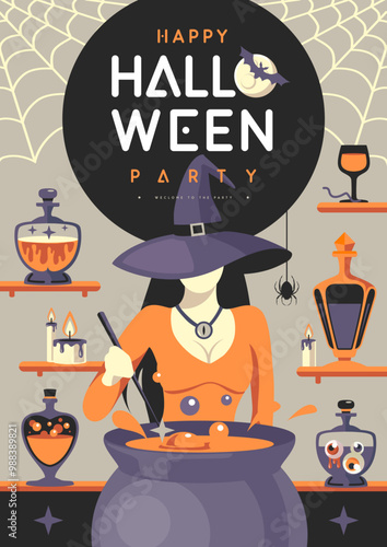 Halloween flat party poster with young witch in hat and magic potions. Halloween spooky background. Vector illustration photo