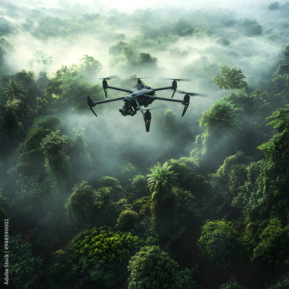 Fototapeta premium Drone in rainforest, aerial forest monitoring, drone photography, environmental surveillance, drone technology, forest preservation, nature exploration, aerial videography, drone in nature, forest 