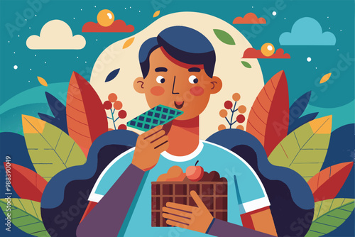 A young person joyfully bites into a chocolate bar amidst colorful leaves and a bright sky on a warm afternoon.