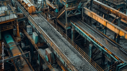 Heavy machinery operating alongside conveyor belts in a manufacturing facility, showcasing industrial efficiency and scale