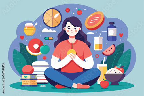 A person sits cross-legged, holding a fruit, surrounded by symbols of health, nutrition, and various food items, representing the journey of overcoming eating disorders.