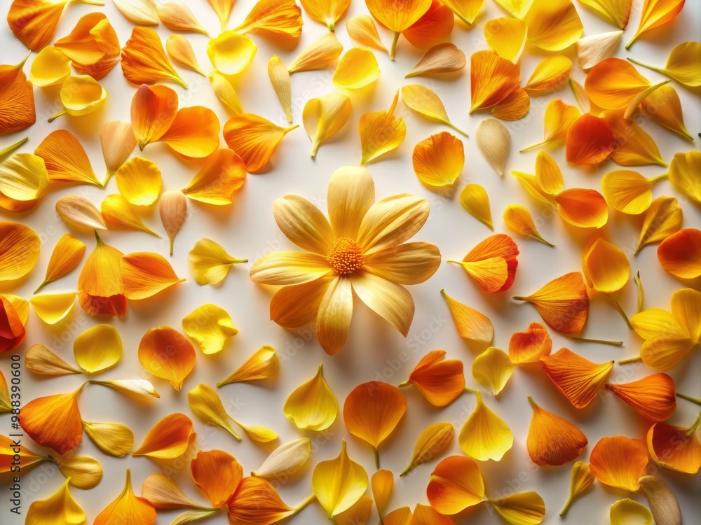 Fototapeta premium Golden and orange flower petals are beautifully arranged in a loose pattern on a crisp white background in a peaceful ambiance with gentle morning light and subtle depth.