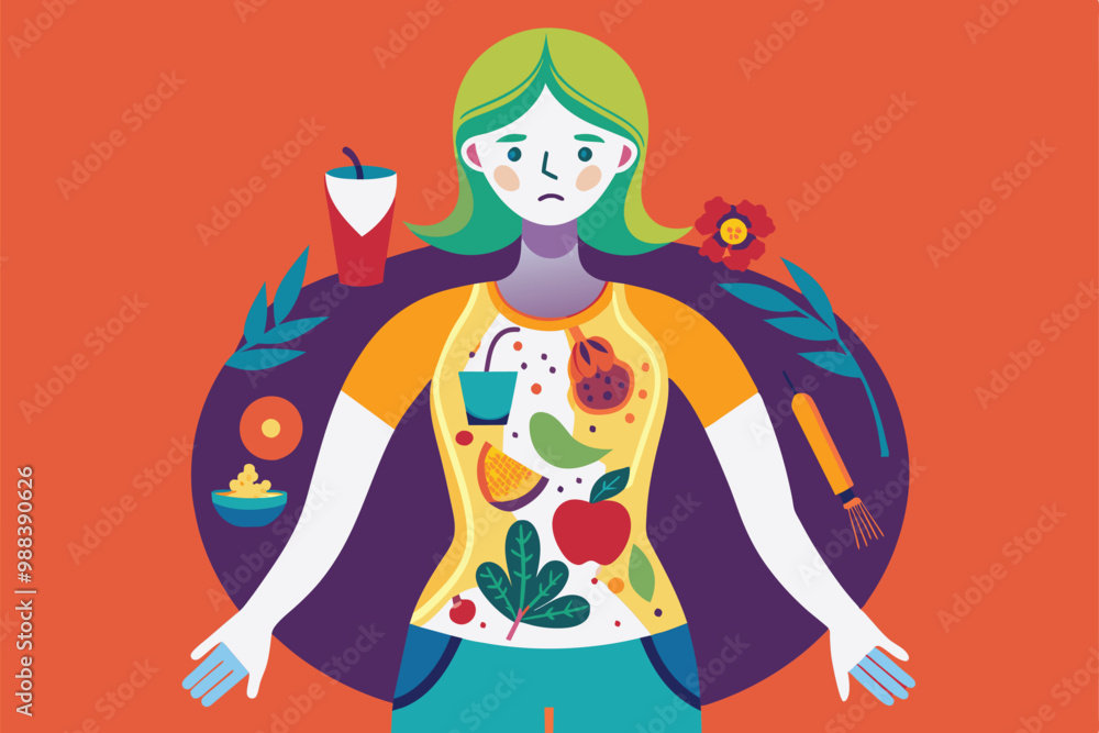 A customizable illustration depicts a figure with a troubled expression, surrounded by various foods and plants representing the struggle with eating disorders. A customizable illustration depicts a figure with a troubled expression, surrounded by various foods and plants representing the struggle with eating disorders.