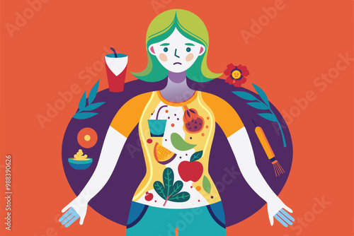 A customizable illustration depicts a figure with a troubled expression, surrounded by various foods and plants representing the struggle with eating disorders.