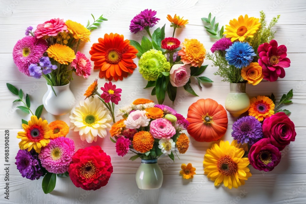 Obraz premium Vibrant flowers dance across a clean white surface in a modern flat style with bold yet muted colours.