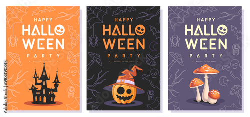 Set of flat Halloween party posters with halloween smiling pumpkin, fly agaric and spooky castle. Halloween spooky background. Vector illustration