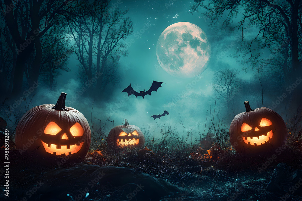 Spooky Halloween Jack-o'-Lantern Forest Background Spooky Halloween Jack-o'-Lantern Forest Background