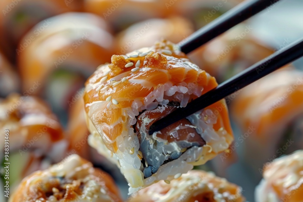 Eating Sushi Rolls with Chopsticks in Hands, Taking Sushi Roll, Eating Susi in Japanese Restaurant Eating Sushi Rolls with Chopsticks in Hands, Taking Sushi Roll, Eating Susi in Japanese Restaurant