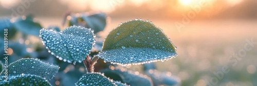 Dew-kissed foliage in a misty meadow, capturing the delicate beauty of nature's early morning freshness photo