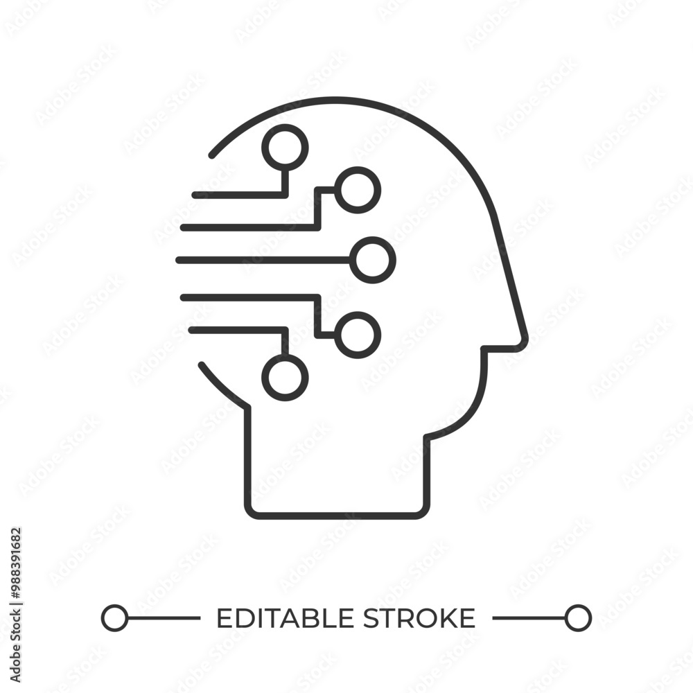 Artificial intelligence linear icon. Machine learning. Human head and circuit lines. Futuristic concept. Thin line illustration. Contour symbol. Vector outline drawing. Editable stroke Artificial intelligence linear icon. Machine learning. Human head and circuit lines. Futuristic concept. Thin line illustration. Contour symbol. Vector outline drawing. Editable stroke
