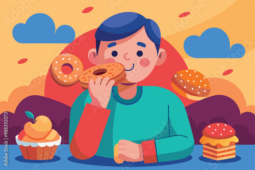 A person happily savors a donut while colorful desserts surround them under a warm, sunny atmosphere in a delightful outdoor setting.