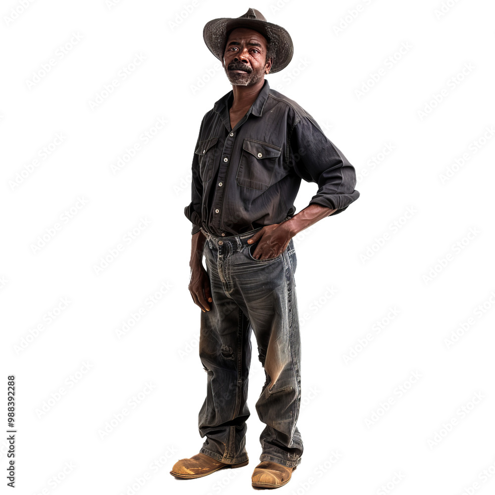 African american farmer wearing a cowboy hat and dirty clothes is standing with his hand on his hip African american farmer wearing a cowboy hat and dirty clothes is standing with his hand on his hip