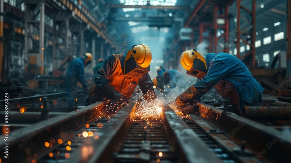 Factory workers welding large metal structures in a dimly lit industrial setting, sparks flying, and heavy-duty tools in use Factory workers welding large metal structures in a dimly lit industrial setting, sparks flying, and heavy-duty tools in use