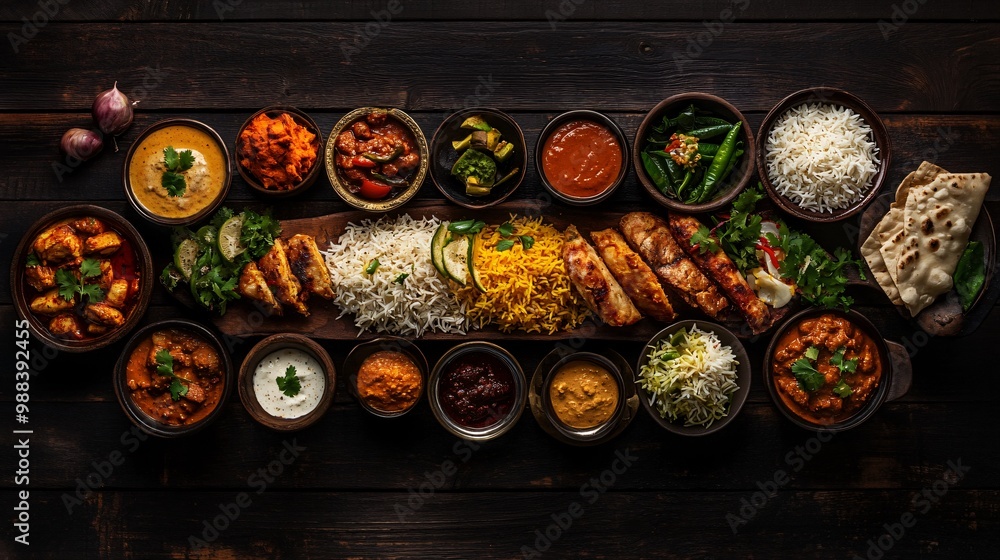 A table full of Indian food, including rice, curry, grilled chicken, and flatbread. A table full of Indian food, including rice, curry, grilled chicken, and flatbread.