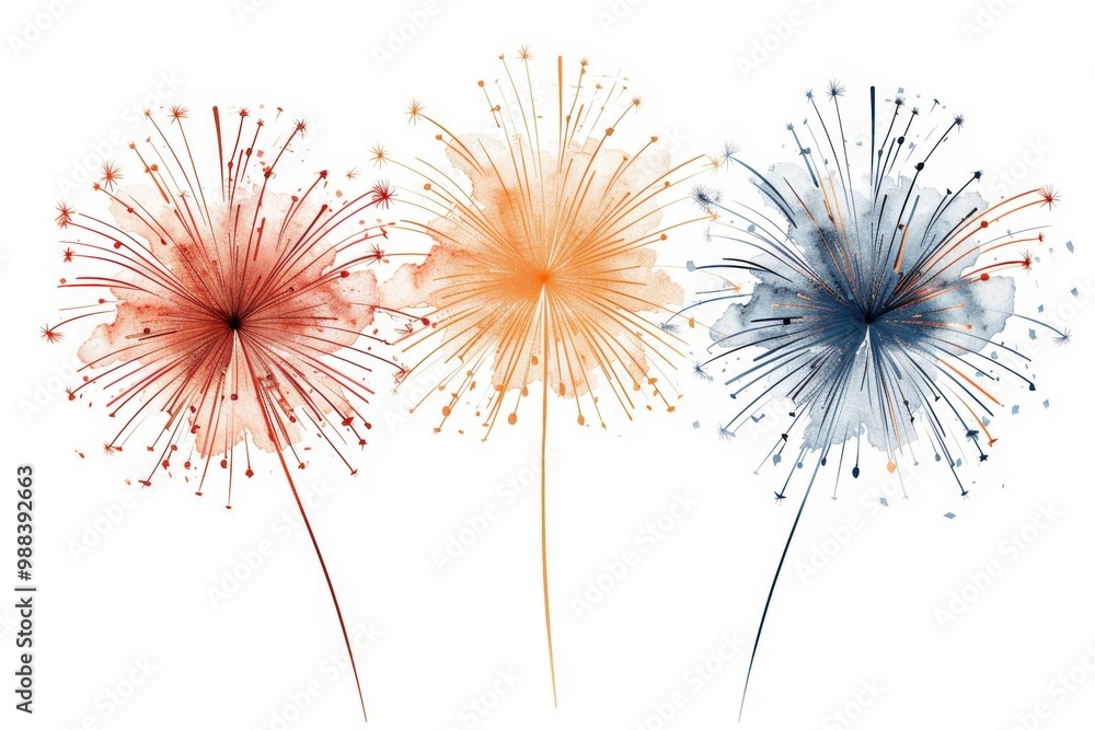 Three fireworks are lit up in the sky, with one in the middle Three fireworks are lit up in the sky, with one in the middle