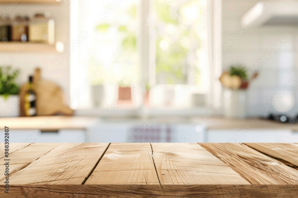 Light Wood Table on Blurred Kitchen Background, Modern Wooden Table Mockup for Montage Product Light Wood Table on Blurred Kitchen Background, Modern Wooden Table Mockup for Montage Product