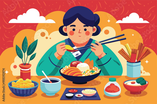A person savoring a bowl of customizable Korean food surrounded by various dishes and sauces, enjoying a cozy meal with friends.