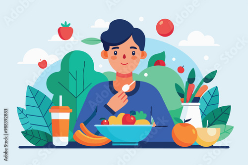 A young man enjoys a bowl of colorful fruits and vegetables while surrounded by greenery and fresh produce, promoting a healthy eating lifestyle.