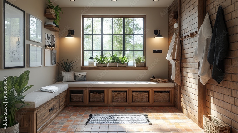Cozy entryway with natural light, plants, and wooden accents. Cozy entryway with natural light, plants, and wooden accents.