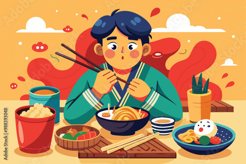 A person enjoys a bowl of customizable Korean food, surrounded by vibrant dishes and a cheerful setting, showcasing various traditional flavors.