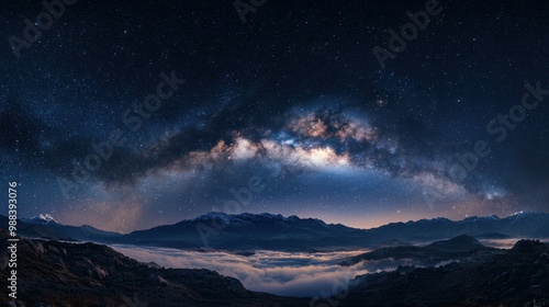 the Milky Way stretching across a clear night sky, framed by mountains or a serene landscape below.