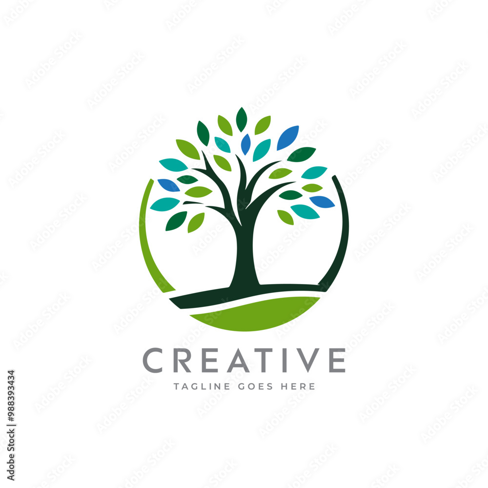 Fototapeta premium Creative artistic tree logo concept. eco friendly tree logo. Colorful leaf tree logo. minimalist tree vector icon logo