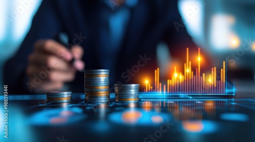 Businessman analyzing financial data and coins on table. photo