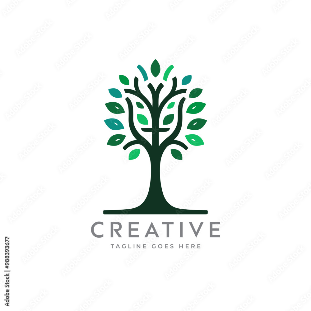 Obraz premium Creative artistic tree logo concept. eco friendly tree logo. Colorful leaf tree logo. minimalist tree vector icon logo
