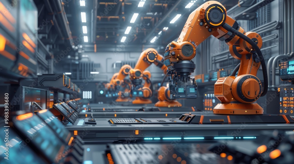 Modern smart factory, AI-operated machinery, IoT devices tracking efficiency, advanced manufacturing process, seamless automation, high-tech environment Modern smart factory, AI-operated machinery, IoT devices tracking efficiency, advanced manufacturing process, seamless automation, high-tech environment